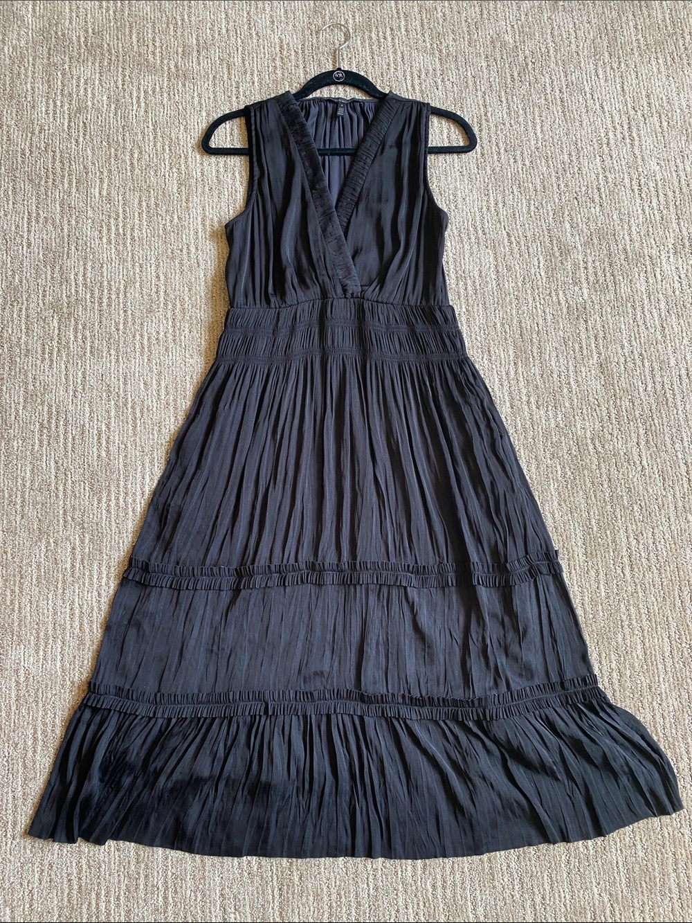 White House Black Market Black Sleeveless Pleated Satin Tiered Midi Dress